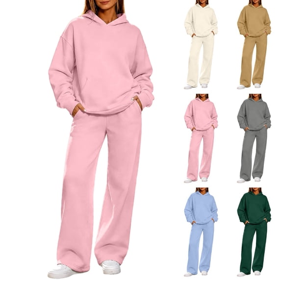 Women's 2 Piece Matching Hooded Lounge Set Sweatsuits | Boho Lounge Sets for Women , Airport Travel Outfits, Comfy Athleisure Fall Winter Clothes, Wide Leg Palazzo Pants, #01_Pink, L
