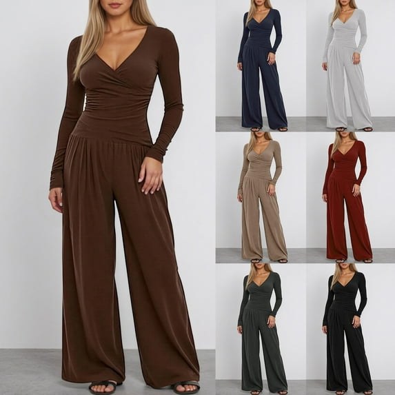 Women's 2 Piece Matching Leisure Set pant suits for women Long Sleeve Side Ruching Top Wide Leg Drawstring Pants Set with Pockets (Coffee,L)