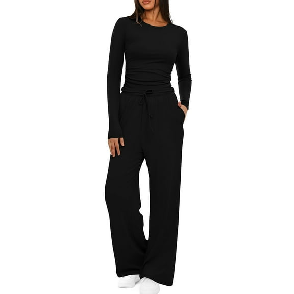 Women's 2 Piece Matching Lounge Set Fall Outfits Long Sleeve Crop Top Wide Leg Tracksuits Casual Sweatsuit Black XL