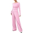 thumbnail image 1 of Women's 2 Piece Matching Lounge Set Long Sleeve Boat Neck Top Wide Leg Pants Casual Sweatsuit Pink S, 1 of 9