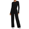 thumbnail image 1 of Women's 2 Piece Matching Lounge Set Long Sleeve Side Ruching Top Wide Leg Drawstring Pants Set with Pockets Black L, 1 of 6