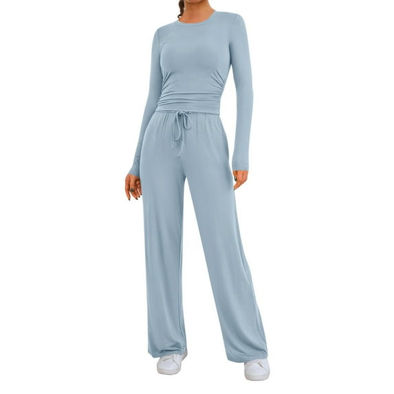 Women's 2 Piece Matching Lounge Set Long Sleeve Side Ruching Top Wide Leg Drawstring Pants Set with Pockets Sky Blue L