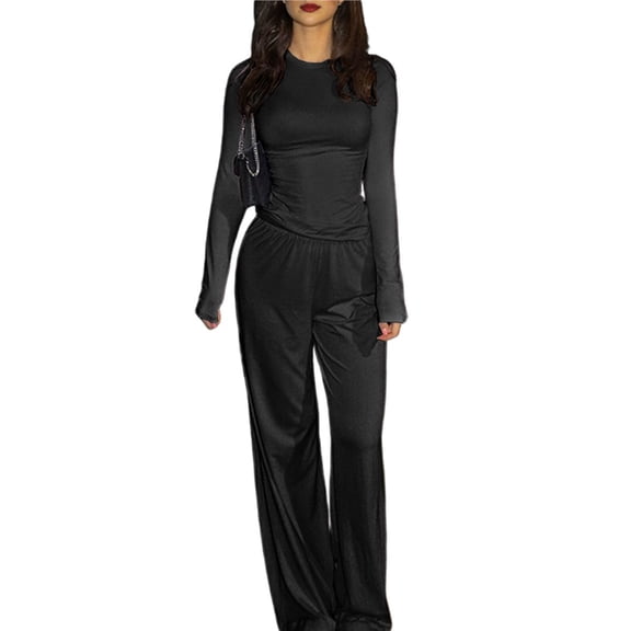 Women's 2 Piece Matching Lounge Set Long Sleeve Slightly Crop Top Wide Leg Pants Casual Sweatsuit Black - Long S