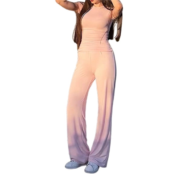 Women's 2 Piece Matching Lounge Set Long Sleeve Slightly Crop Top Wide Leg Pants Casual Sweatsuit Pink - Short S