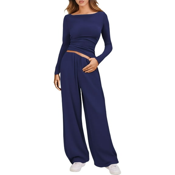 Women's 2 Piece Matching Lounge Set Long Sleeve Slightly Crop Top Wide Leg Pants Casual Sweatsuit