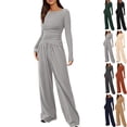 thumbnail image 1 of Women's 2 Piece Matching Lounge Set Long Sleeve Slim and Elastic Top Wide Leg Pants Casual Sweatsuit Fall Outfits Long Sleeve Wide Leg Drawstring Tracksuits Casual Lounge Set Matching Sets, 1 of 9