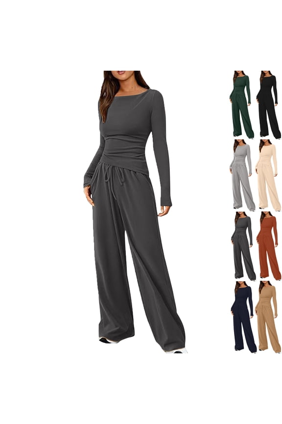 Women's 2 Piece Matching Lounge Set Long Sleeve Slim and Elastic Top Wide Leg Pants Casual Sweatsuit Fall Outfits Long Sleeve Wide Leg Drawstring Tracksuits Casual Lounge Set Matching Sets