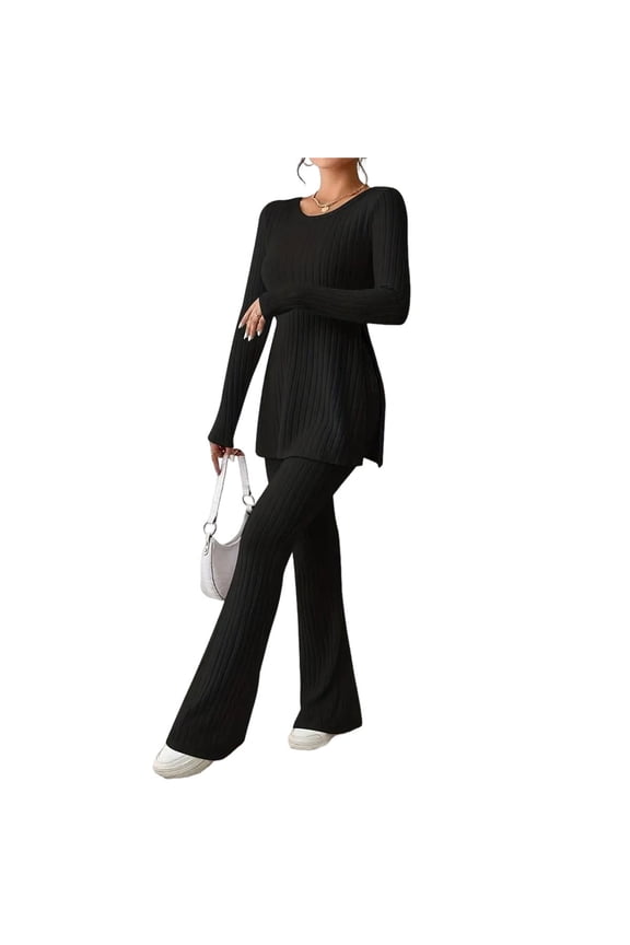 Women's 2 Piece Matching Lounge Set Long Sleeve Top Wide Leg Pants Casual Sweatsuit Black XXL