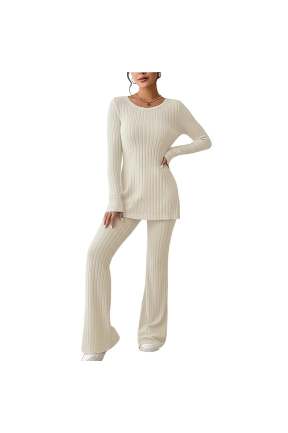 Women's 2 Piece Matching Lounge Set Long Sleeve Top Wide Leg Pants Casual Sweatsuit White XL