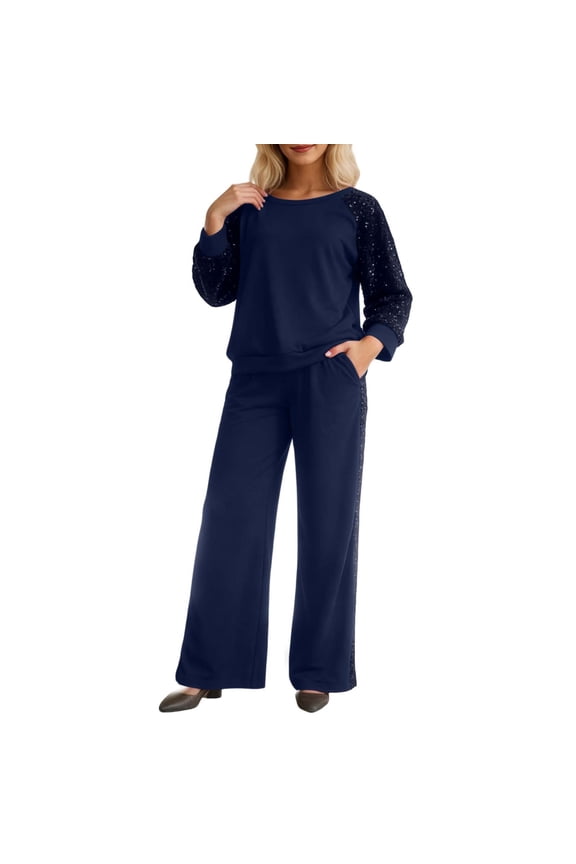 Women's 2 Piece Matching Lounge Set Sequin Patchwork Long Sleeve Crewneck Top with Wide Leg Pants Womens Sweatsuit