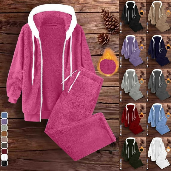 Women's 2 Piece Matching Lounge Set Solid Loose Fleece Zip Up Hooded Long Sleeve Sweatshirt Jacket and Wide Leg Pants Outfit