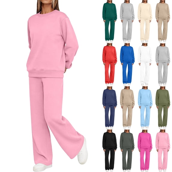 Women's 2 Piece Matching Lounge Set Sweatsuits,Round Neck Sweatshirt and High Waist Wide Leg Pants with Pockets,Solid Color Casual Tracksuit Loungewear Set