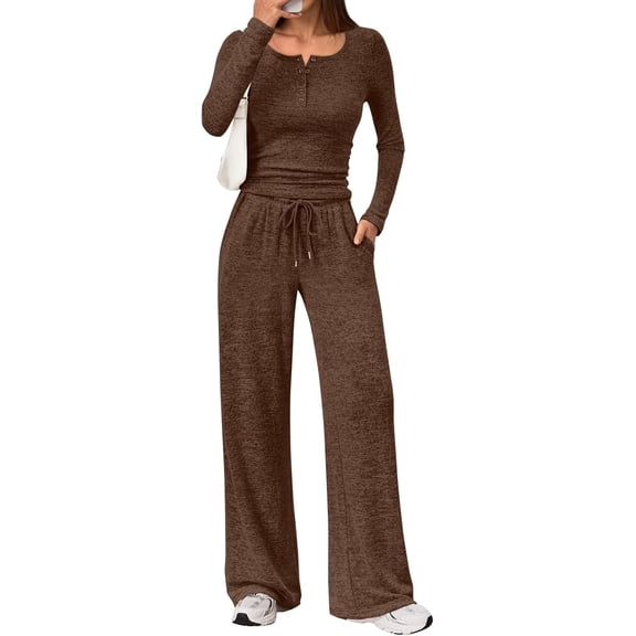 Women's 2 Piece Matching Lounge Sets Fall Fashion Outfits Henley Neck Sweater Top Wide Leg Pants Sweat Suits
