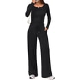thumbnail image 1 of Women's 2 Piece Matching Lounge Sets Fall Fashion Outfits Henley Neck Sweater Top Wide Leg Pants Sweat Suits, 1 of 12