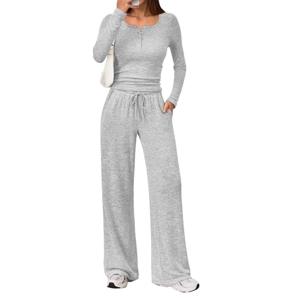 Women's 2 Piece Matching Lounge Sets Fall Fashion Outfits Henley Neck Sweater Top Wide Leg Pants Sweat Suits