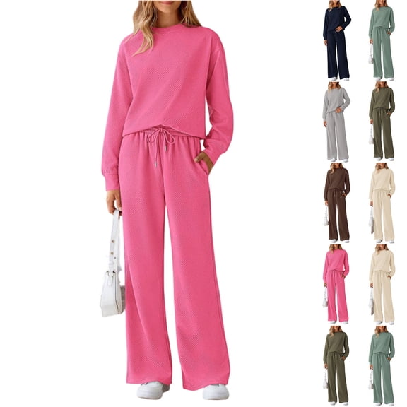 Women's 2 Piece Matching Sets Long Sleeve Crewneck Top Wide Leg Pants Lounge Outfits Sweatsuits Beige L