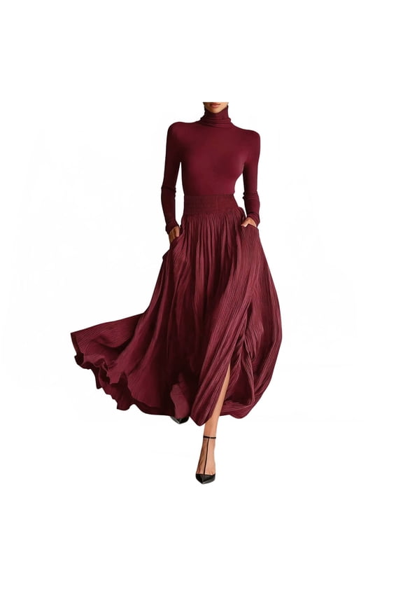 Women's 2-Piece Maxi Dress Set Turtleneck Long Sleeve Slim Knit Top with Smocked Waist Pleated Flowy Long Skirt