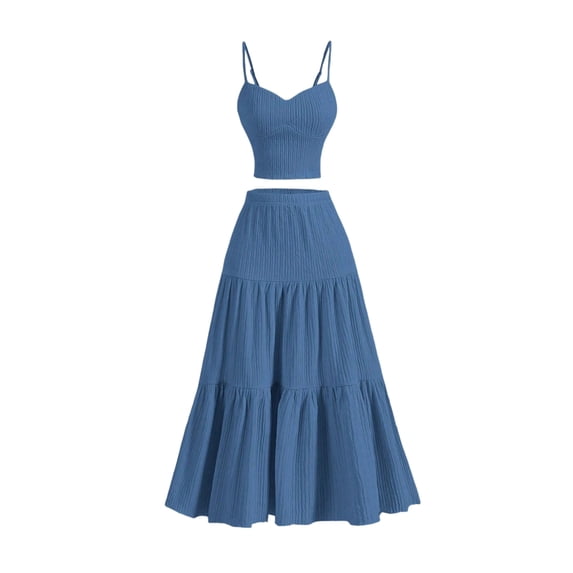 Women's 2 Piece Maxi Skirt Sets Crop Top Ruffle Hem Flowy Midi Skirt Vacation Going Out Outfits Blue L