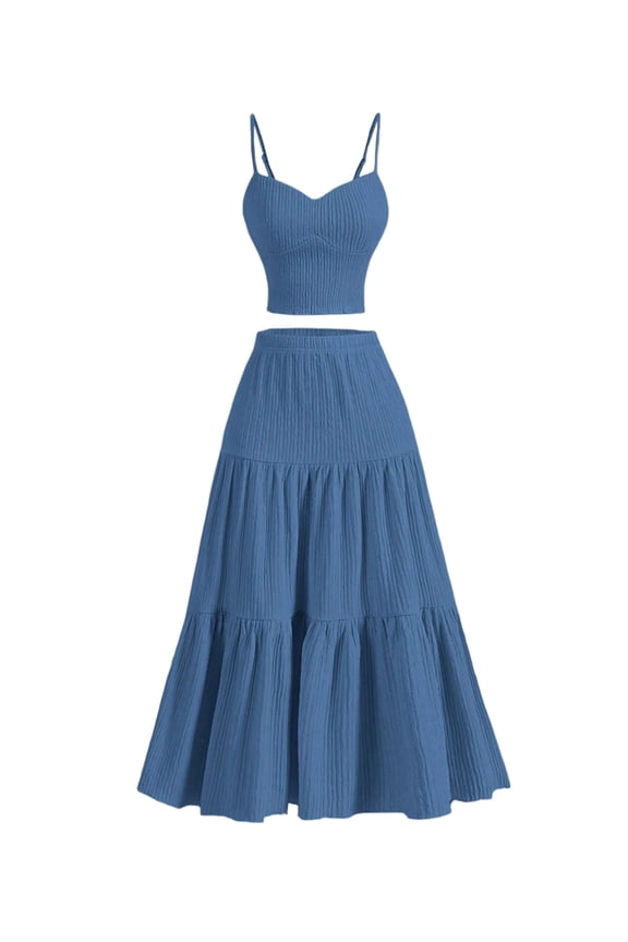 Women's 2 Piece Maxi Skirt Sets Crop Top Ruffle Hem Flowy Midi Skirt Vacation Going Out Outfits Blue S