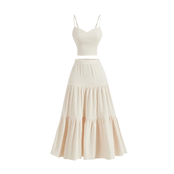 Women's 2 Piece Maxi Skirt Sets Crop Top Ruffle Hem Flowy Midi Skirt Vacation Going Out Outfits Milky White S