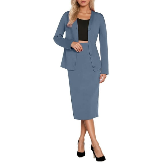 Women's 2 Piece Midi Skirt Sets Business Casual Outfits Long Sleeve Cardigan Matching Dressy Suits Blue M