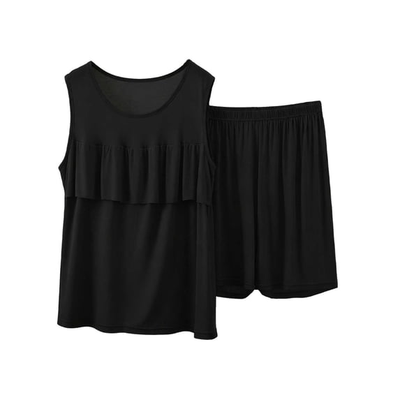 Women's 2 Piece Modal Loungewear Set Tiered Ruffle Sleeveless Top with High Waist Shorts Soft Breathable Outfit for Summer Black L(L)