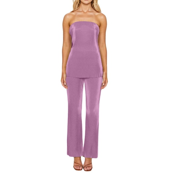 Women's 2-Piece Off Shoulder Set - Tube Top & Wide Leg Pants - Polyester - S-L - Summer Outfit