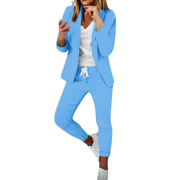 Women's 2 Piece Office Suit - Long Sleeve Lapel Jacket & High Waist Pants, Polyester Spandex, Slim Fit
