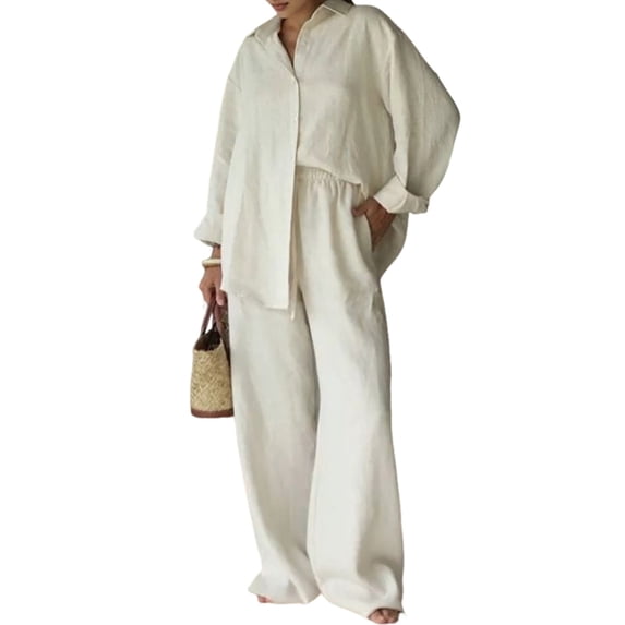Women's 2 Piece Outfit 100% Cotton Collared Shirt with Wide Leg Pants Casual Loose Loungewear Set Cream White L