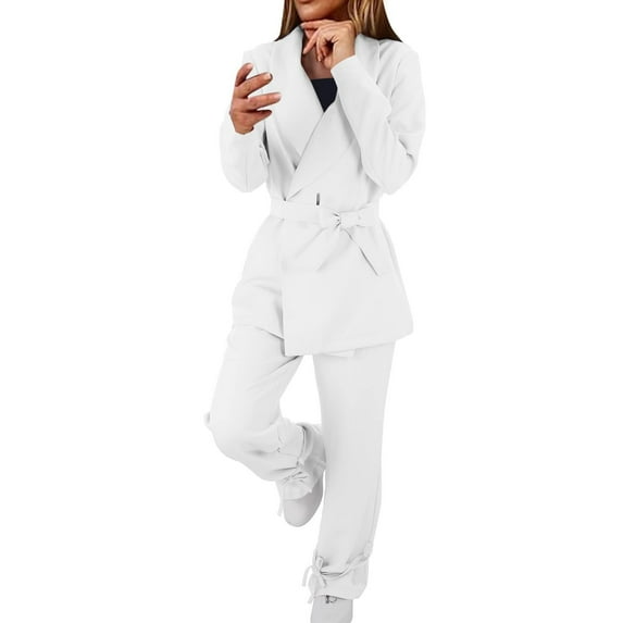 Women's 2 Piece Outfit Blazer Sets Elegant Business Work Wear Vintage Classic Solid Color Open Front Suit Jacket and Straight Leg Pencil Pants Trousers Suits with Belted