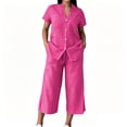 thumbnail image 1 of Women's 2 Piece Outfit Button Down Collared Short Sleeve Top with Cropped Wide Leg Pants Casual Matching Set with Pockets for Summer Hot Pink XXXXL(XXXXL), 1 of 5