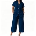 thumbnail image 1 of Women's 2 Piece Outfit Button Down Collared Short Sleeve Top with Cropped Wide Leg Pants Casual Matching Set with Pockets for Summer Navy XXL(XXL), 1 of 6