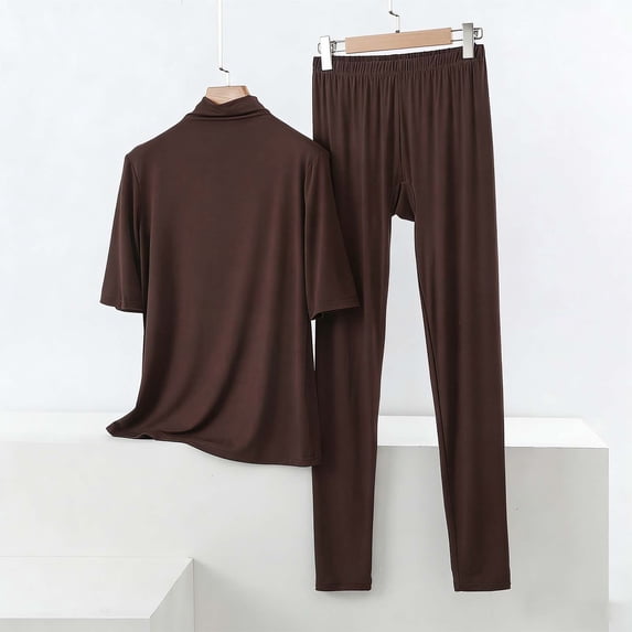 Women's 2 Piece Outfit Casual Mock Turtleneck Short Sleeve Tops and High Waisted Pants Soft Comfy Pajamas Set New 2 Piece Airport Outfits for Women Brown XXL