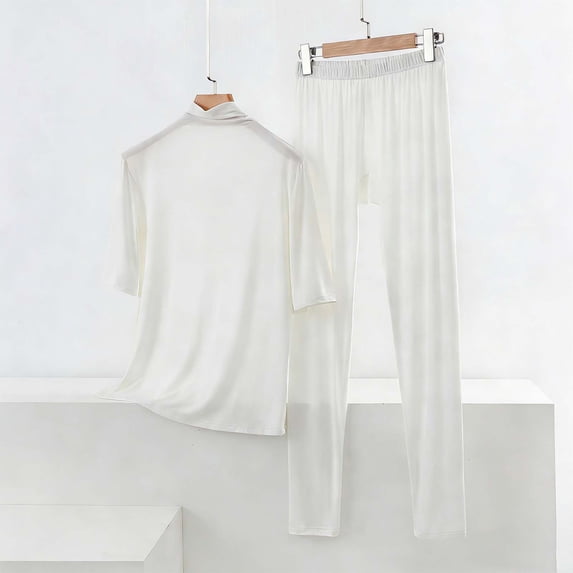 Women's 2 Piece Outfit Casual Mock Turtleneck Short Sleeve Tops and High Waisted Pants Soft Comfy Pajamas Set New Two Piece Pants Set for Women Fall White L