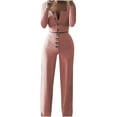 thumbnail image 1 of Women's 2 Piece Outfit Casual Square Collar Button Long Sleeve Crop Top and High Waist Pants Loungewear Sets Tracksuit, 1 of 8