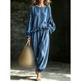 thumbnail image 1 of Women's 2 Piece Outfit, Crew Neck Lantern Long Sleeve Ruffle Hem Top & Elastic Cuff Jogger Pants Linen Look Casual Loungewear Set, 1 of 5