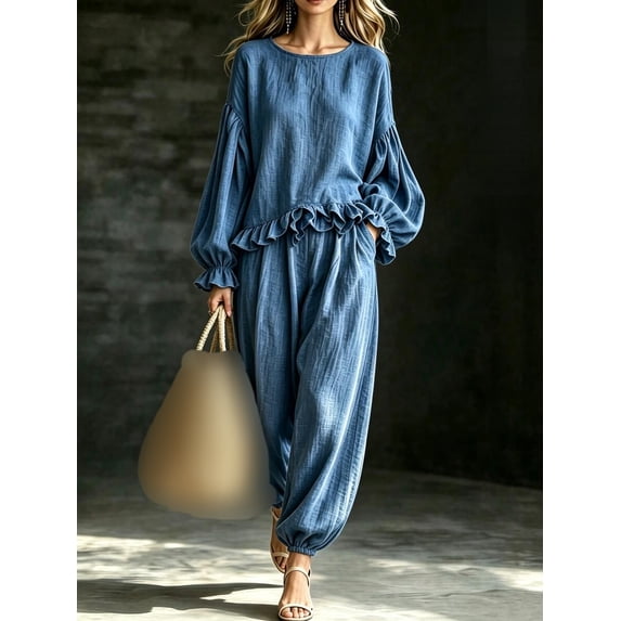 Women's 2 Piece Outfit, Crew Neck Lantern Long Sleeve Ruffle Hem Top & Elastic Cuff Jogger Pants Linen Look Casual Loungewear Set