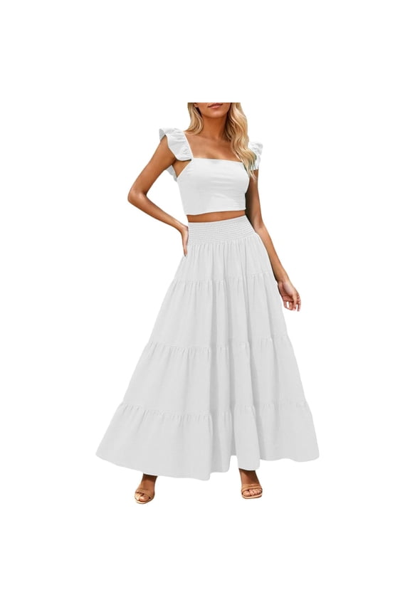 Women's 2 Piece Outfit Floral Crop Top and High Waist Maxi Skirt Casual Beach Dress Set