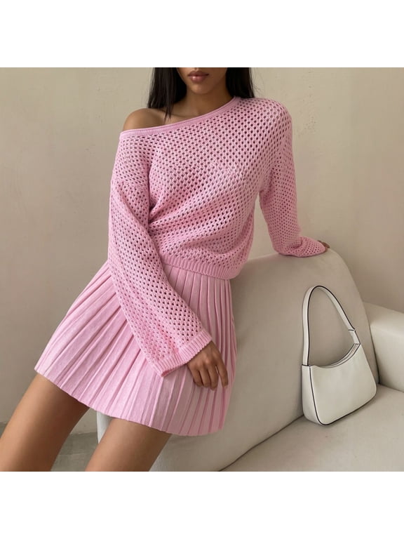 Women's 2 Piece Outfit Hollow Out Knit Sweater Top Pleated Mini Skirt Set for Spring Summer Daily Street Dating