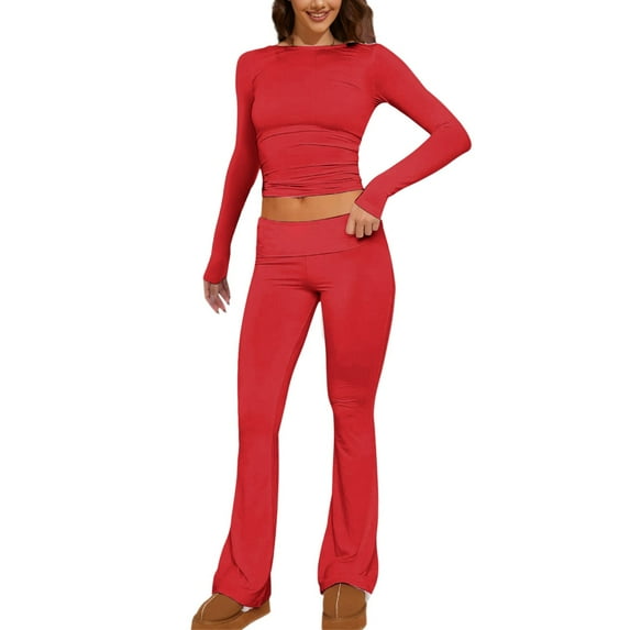 Women's 2 Piece Outfit - Long Sleeve Crop Top & Flare Pants Set, Polyester Yoga Tracksuit, Winter Casual Wear, S-XXL Sizes