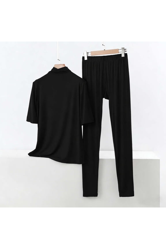 Women's 2 Piece Outfit Modal Lounge Set Casual Mock Turtleneck Half Sleeve Tops and Wide Leg Pants Soft Comfy Pajamas (Black,XXL)