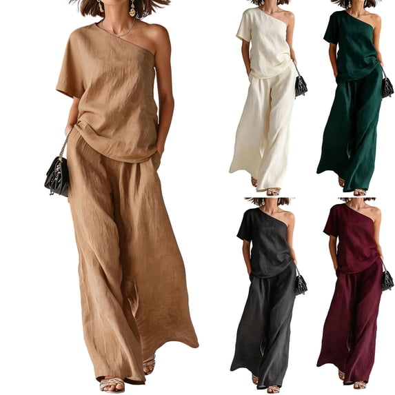 Women's 2 Piece Outfit One Shoulder Top and High Waist Wide Leg Pants Set, Textured Washed Crinkle Lounge Set, Casual Boho Flowy Matching Set for Summer Wine XXL