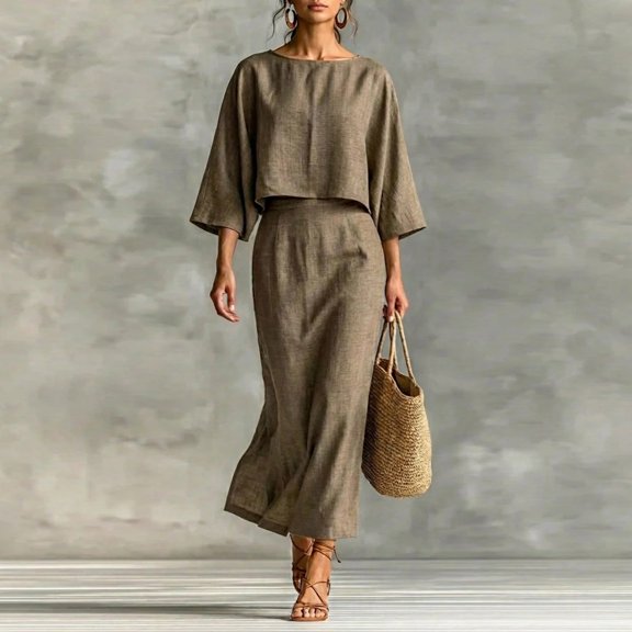 Women's 2 Piece Outfit Set 3/4 Sleeve Crewneck Crop Top & High Waist Midi Skirt Casual Summer Elegant Matching Set S