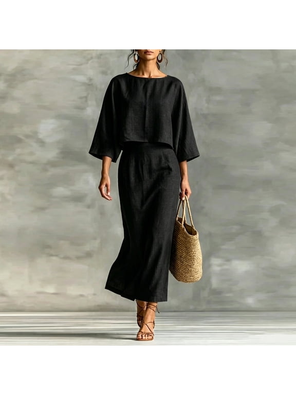 Women's 2 Piece Outfit Set 3/4 Sleeve Crewneck Crop Top & High Waist Midi Skirt Casual Summer Elegant Matching Set S