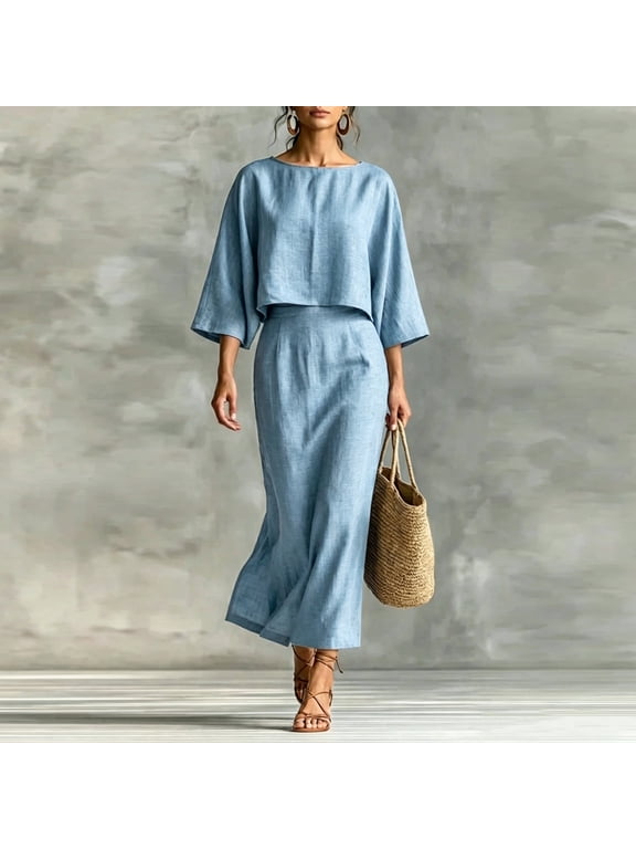 Women's 2 Piece Outfit Set 3/4 Sleeve Crewneck Crop Top & High Waist Midi Skirt Casual Summer Elegant Matching Set XL