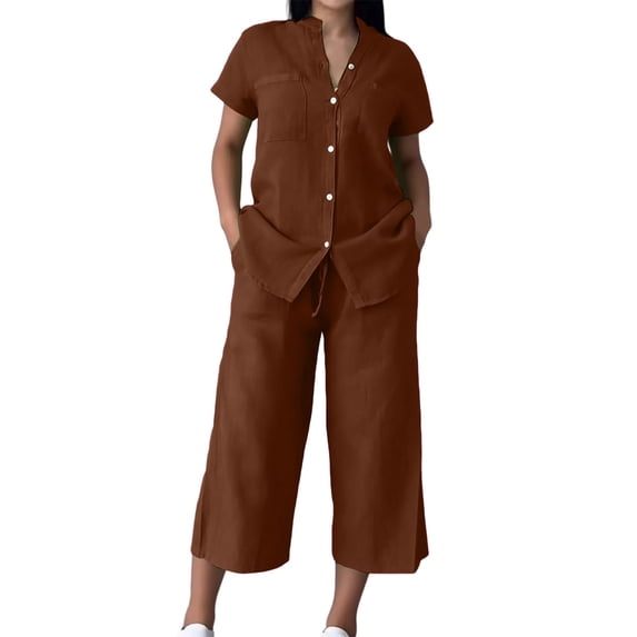 Women’s 2 Piece Outfit Set Button Short Sleeve Shirt and Drawstring Waist Cropped Wide Leg Capri Pants with Pockets, Light Weight for Daily‑Wear, Vacation and Shopping S-5XL Coffee