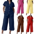 thumbnail image 1 of Women’s 2 Piece Outfit Set Button Short Sleeve Shirt and Drawstring Waist Cropped Wide Leg Capri Pants with Pockets, Light Weight for Daily‑Wear, Vacation and Shopping S-5XL Yellow, 1 of 6