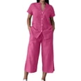 thumbnail image 1 of Women’s 2 Piece Outfit Set Button Short Sleeve Shirt and Drawstring Waist Cropped Wide Leg Capri Pants with Pockets, Light Weight for Daily‑Wear, Vacation and Shopping S-5XL Hot Pink, 1 of 6