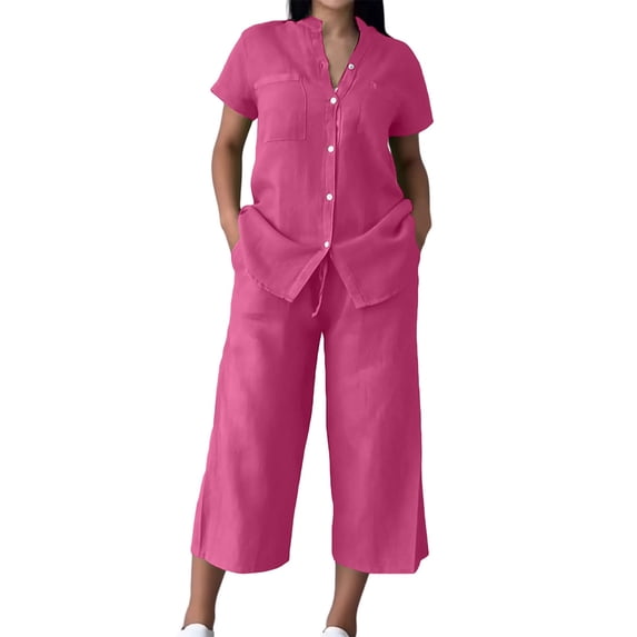 Women’s 2 Piece Outfit Set Button Short Sleeve Shirt and Drawstring Waist Cropped Wide Leg Capri Pants with Pockets, Light Weight for Daily‑Wear, Vacation and Shopping S-5XL Hot Pink