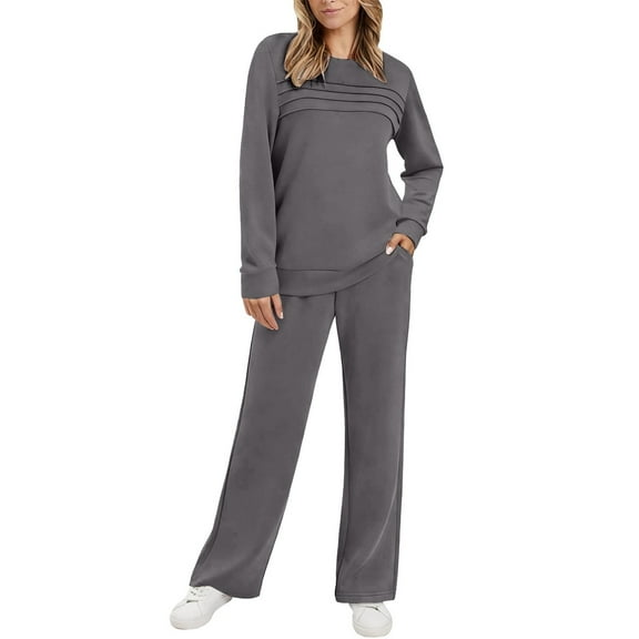 Women's 2 Piece Outfit Set, Long Sleeve Crewneck Top with Elastic Waist Wide Leg Pants, 2025 Fall New Casual Loungewear Set, Comfortable Relaxed Fit Matching Separates for Home and Travel Dark Gray S